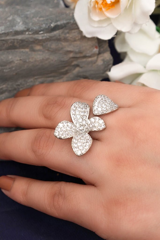 Silver Plated Butterfly Ring Fully Paved with Cubic Zirconia - Zehnaz.ae