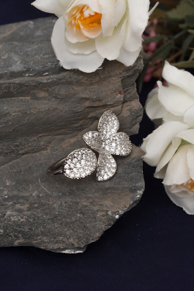 Silver Plated Butterfly Ring Fully Paved with Cubic Zirconia - Zehnaz.ae