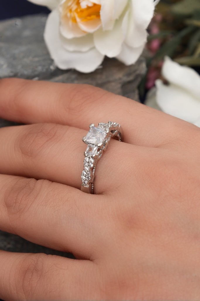 Silver Plated Princess - Cut Solitaire Ring with Vintage Ornate Band - Zehnaz.ae
