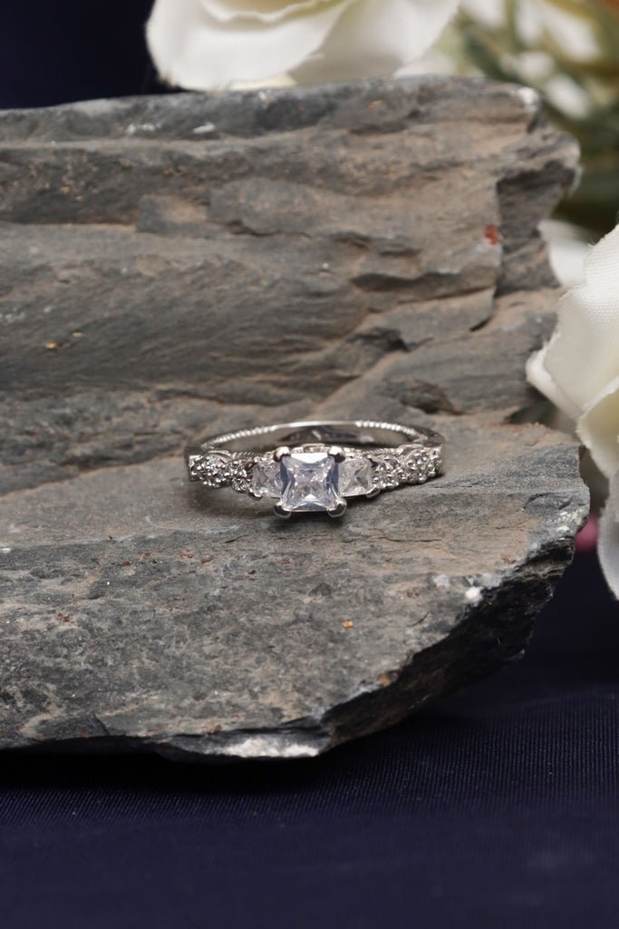 Silver Plated Princess - Cut Solitaire Ring with Vintage Ornate Band - Zehnaz.ae