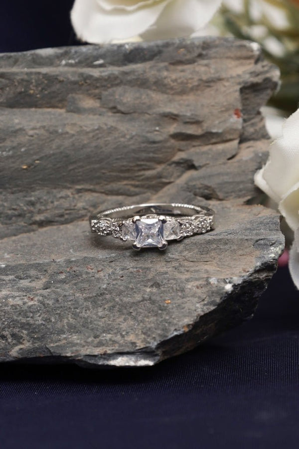 Silver Plated Princess - Cut Solitaire Ring with Vintage Ornate Band - Zehnaz.ae