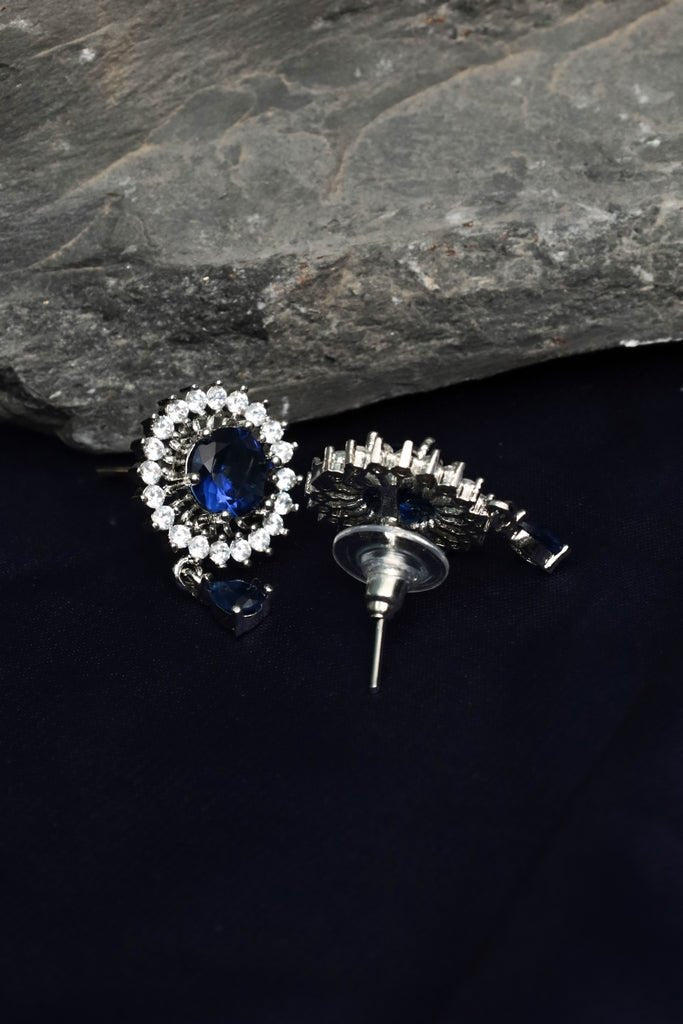 Silver - Plated Sapphire Halo Stud Earrings - Zehnaz.ae