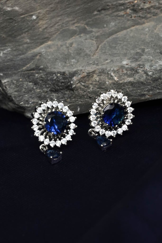 Silver - Plated Sapphire Halo Stud Earrings - Zehnaz.ae