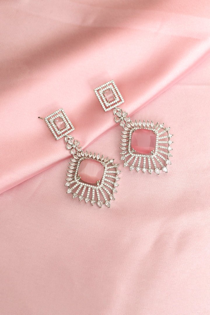 Silver Toned Soft Pink CZ Drop Earrings - Zehnaz.ae