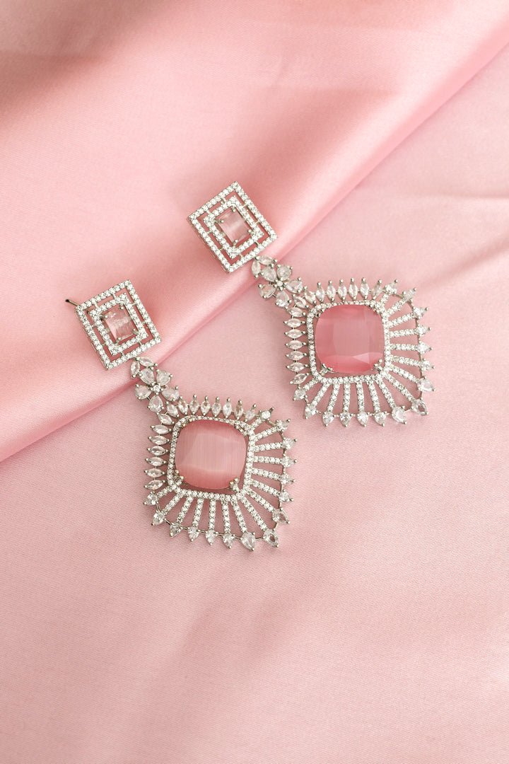 Silver Toned Soft Pink CZ Drop Earrings - Zehnaz.ae