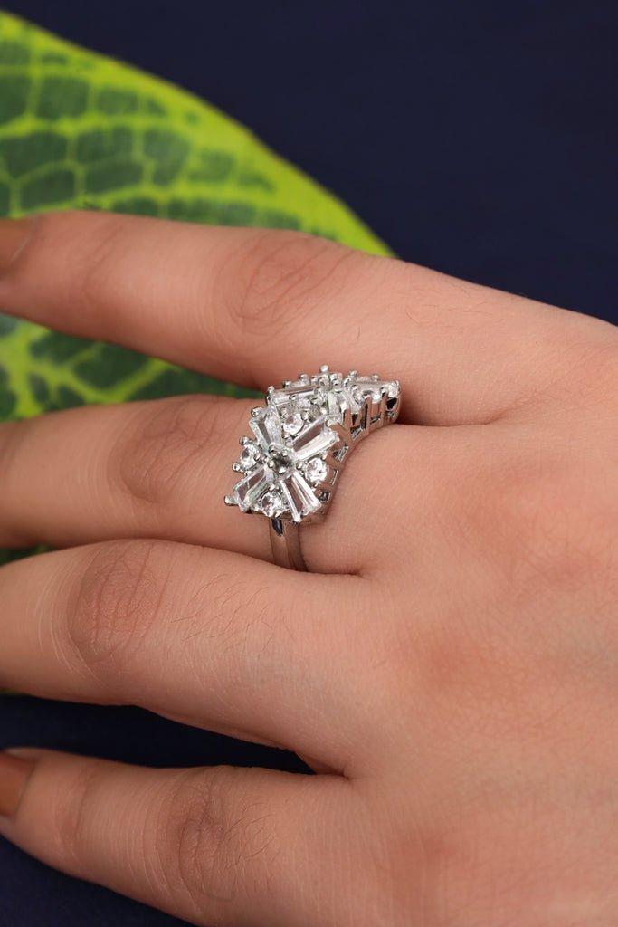 Sterling Silver Navette Style CZ Cluster Cocktail Ring - Zehnaz.ae