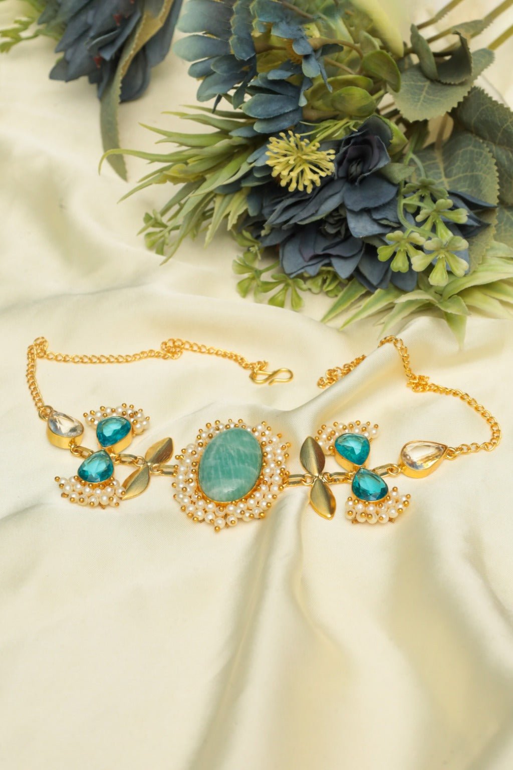 Turquoise & Pearl Gold - Plated Choker Necklace Set - Zehnaz.ae