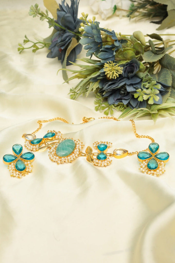 Turquoise & Pearl Gold - Plated Choker Necklace Set - Zehnaz.ae