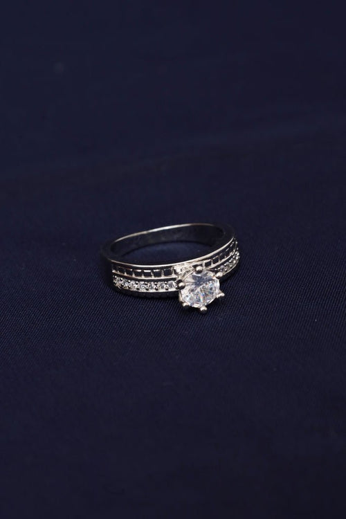 White Gold Plated Pave Engagement Ring with Center Stone