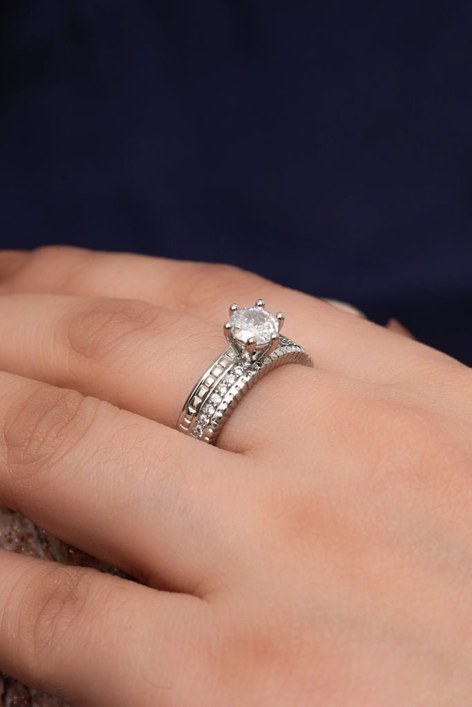 White Gold Plated Pave Engagement Ring with Center Stone - Zehnaz.ae