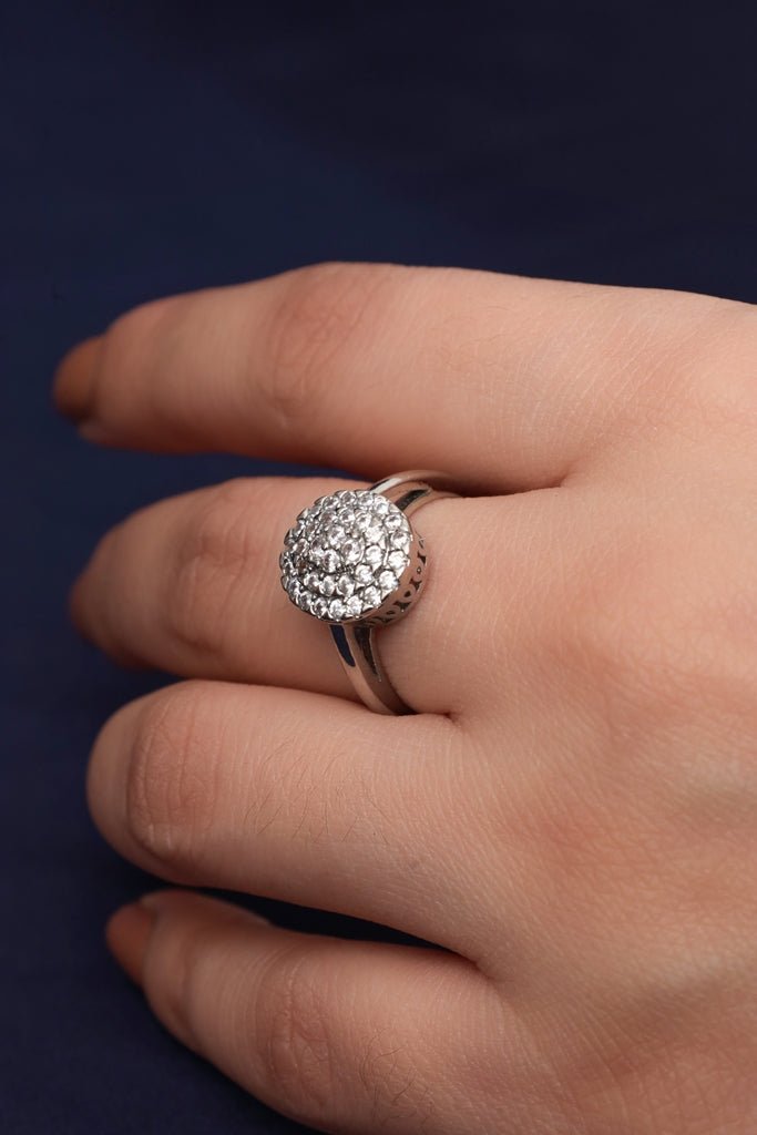 White Gold Plated Zirconia Diamond Cluster Dome Ring - Zehnaz.ae