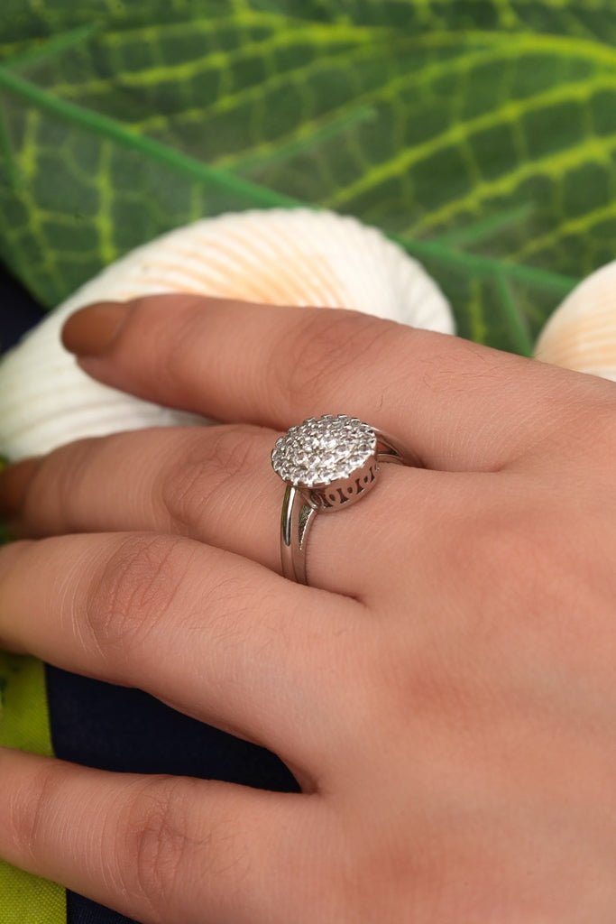 White Gold Plated Zirconia Diamond Cluster Dome Ring - Zehnaz.ae