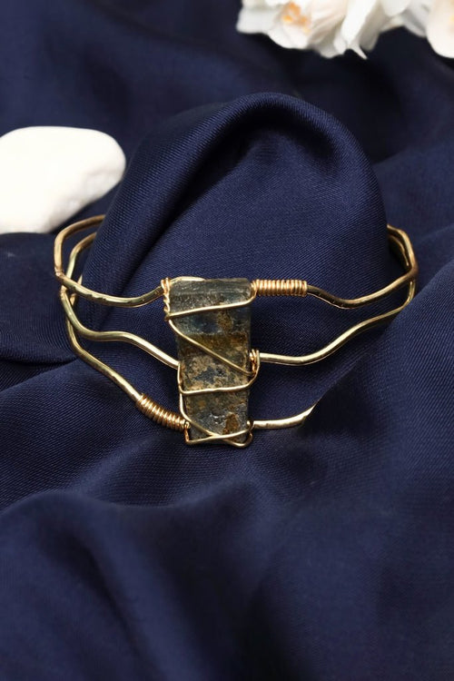 Wire Wrapped Rough Stone Cuff Bracelet – Handmade Gold Adjustable Bangle