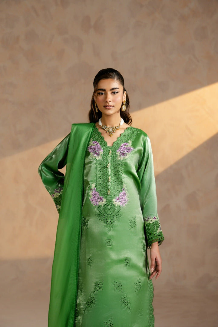 Zarlish – Embroidered Shisha Silk Kaftan Set with Dupatta - Zehnaz.ae