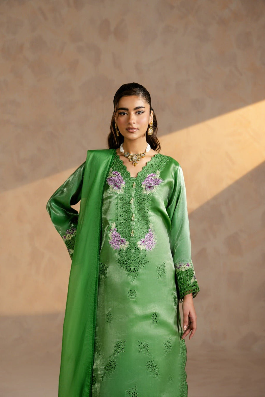 Zarlish – Embroidered Shisha Silk Kaftan Set with Dupatta - Zehnaz.ae