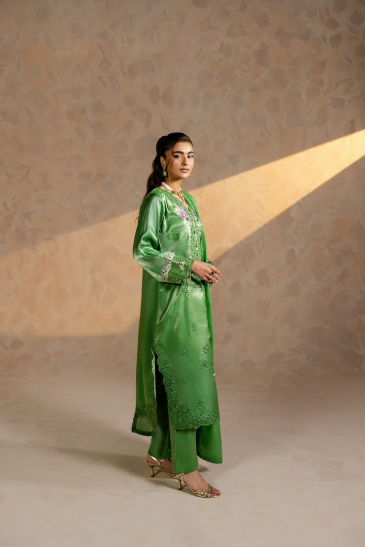 Zarlish – Embroidered Shisha Silk Kaftan Set with Dupatta - Zehnaz.ae